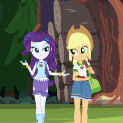 Size: 720x720 | Tagged: safe, screencap, applejack, rarity, equestria girls, legend of everfree, animated, bag, bracelet, clothes, cowboy hat, cropped, denim, flute, freckles, hat, hip sway, hips, jewelry, loop, musical instrument, shorts, socks, stetson, sway, swaying hips, walking