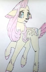 Size: 900x1405 | Tagged: safe, artist:evergreen-gemdust, fluttershy, deer, floppy ears, flutterdeer, looking at you, raised hoof, simple background, smiling, solo, species swap, traditional art