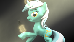 Size: 1024x576 | Tagged: safe, artist:okimichan, lyra heartstrings, pony, unicorn, 3d, cutie mark, female, glowing horn, gun, handgun, hooves, horn, levitation, magic, mare, pistol, solo, teeth, telekinesis, weapon