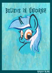 Size: 902x1280 | Tagged: safe, artist:krazykari, lyra heartstrings, pony, unicorn, bronybait, bust, looking at you, portrait, poster, smiling, solo, traditional art