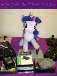 Size: 1749x2332 | Tagged: artist needed, safe, derpibooru import, twilight sparkle, arcade stick, atari 2600, game boy advance, game boy color, gamecube, horn ring, irl, jin, logic 3, logic3, nintendo entertainment system, photo, playstation, plushie, sega genesis