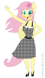 Size: 1260x2164 | Tagged: safe, artist:magical disaster, fluttershy, anthro, big breasts, breasts, clothes, dress, happy, high heels, multiple variants, open mouth, shoes, unmoving plaid, waving, wind, windy