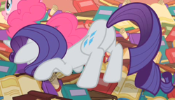 Size: 476x272 | Tagged: safe, screencap, pinkie pie, rarity, earth pony, pony, unicorn, sonic rainboom (episode), book, cropped, face down ass up, faceplant, female, mare, plot