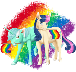 Size: 1312x1244 | Tagged: safe, artist:shadeila, bon bon, lyra heartstrings, sweetie drops, earth pony, pony, unicorn, female, gay pride flag, lesbian, lyrabon, mouth hold, pride, pride flag, shipping, simple background, transparent background