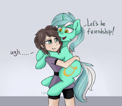 Size: 1227x1063 | Tagged: safe, artist:haruhi-il, lyra heartstrings, human, pony, unicorn, carrying, clothes, engrish, female, holding a pony, humie, mare, simple background, that pony sure does love humans