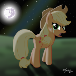 Size: 2000x2000 | Tagged: safe, artist:apollobroda, applejack, earth pony, pony, crying, mare in the moon, moon, night, stars