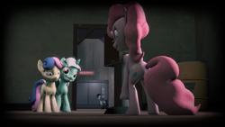 Size: 1280x720 | Tagged: safe, artist:dark-blu-inkling, bon bon, lyra heartstrings, pinkie pie, sweetie drops, oc, earth pony, pony, 3d, bon bon is not amused, camera, smiling, source filmmaker, unamused