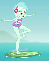 Size: 387x479 | Tagged: safe, screencap, lyra heartstrings, better together, equestria girls, turf war, barefoot, bikini, clothes, cropped, feet, female, midriff, surfboard, swimsuit