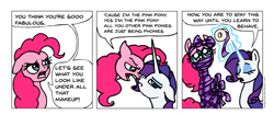 Size: 1991x838 | Tagged: safe, artist:gingerfoxy, pinkie pie, rarity, pony, unicorn, pony comic generator, comic, mummification, ribbon, rude