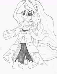 Size: 1700x2200 | Tagged: safe, artist:tenebrousmelancholy, princess celestia, anthro, clothes, jewelry, lineart, regalia, smiling, solo, walking