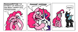 Size: 1995x831 | Tagged: safe, artist:gingerfoxy, pinkie pie, rarity, changeling, pony, unicorn, pony comic generator, bait and switch, comic, crying, wat