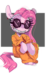 Size: 1588x2505 | Tagged: safe, artist:peachesandcreamated, pinkie pie, pony, clothes, grin, pinkamena diane pie, prison outfit, prisoner pp, sitting, smiling, solo, sunglasses