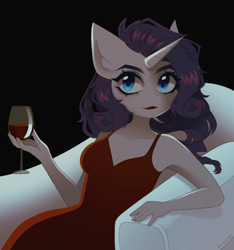 Size: 1500x1600 | Tagged: safe, artist:kirionek, rarity, anthro, unicorn, alcohol, breasts, cleavage, clothes, dress, female, glass, mare, red, red dress, sitting, sofa, wine, wine glass