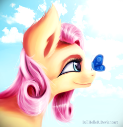 Size: 2800x2900 | Tagged: safe, artist:bellheller, fluttershy, butterfly, pegasus, pony, bust, cloud, cute, female, insect on nose, looking at something, mare, portrait, profile, shyabetes, sky, smiling, solo