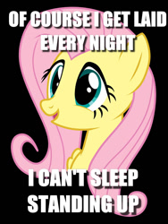 Size: 750x1000 | Tagged: safe, fluttershy, pegasus, pony, black background, blue eyes, bust, exploitable meme, female, image macro, innocent, mare, meme, naive, open mouth, painfully innocent fluttershy, pink mane, simple background, smiling, solo, text, wings, yellow coat