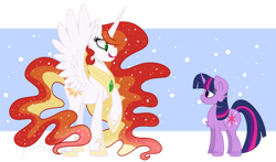 Size: 1280x754 | Tagged: safe, artist:yourrdazzle, princess celestia, twilight sparkle, alicorn, pony, unicorn, alternate design