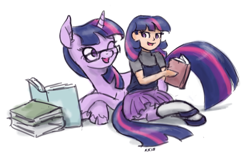 Size: 834x536 | Tagged: safe, artist:king-kakapo, derpibooru import, twilight sparkle, oc, oc:glimmer, satyr, book, female, mother and child, mother and daughter, offspring, parent and child, parent:twilight sparkle, sitting