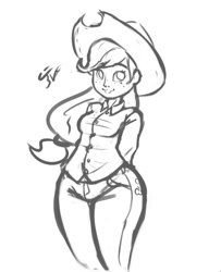 Size: 560x691 | Tagged: safe, artist:leadhooves, applejack, human, applebucking thighs, clothes, humanized, monochrome, solo