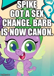 Size: 295x414 | Tagged: safe, editor:useraccount, barb, rarity, spike, dragon, pony, unicorn, my little pony: pony life, caption, female, image macro, looking at you, rule 63, sex change, solo focus, text