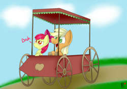 Size: 1000x700 | Tagged: safe, artist:coolpup126, apple bloom, applejack, earth pony, pony, the cart before the ponies, applewood derby, bruh, open mouth, sisters