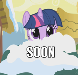 Size: 752x718 | Tagged: safe, derpibooru import, edit, edited screencap, screencap, twilight sparkle, winter wrap up, bush, cropped, image macro, impact font, looking at you, meme, snow, solo, soon