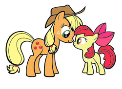 Size: 600x440 | Tagged: safe, artist:millarts-artworks, apple bloom, applejack, earth pony, pony, simple background, sisters, white background