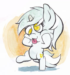 Size: 1404x1486 | Tagged: safe, artist:lost marbles, lyra heartstrings, pony, unicorn, derp face, silly, silly pony, simple background, solo, tongue out, traditional art, white background