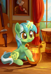 Size: 866x1234 | Tagged: safe, artist:asimos, artist:lexx2dot0, artist:maytee, lyra heartstrings, pony, unicorn, fanfic:anthropology, cello, cute, drums, fanfic art, female, filly, filly lyra, glowing cutie mark, glowing horn, indoors, lyrabetes, lyre, magic, mare, musical instrument, sitting, smiling, solo, window, young, younger