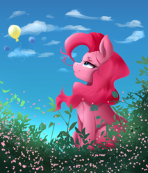 Size: 3334x3907 | Tagged: safe, artist:mrscurlystyles, pinkie pie, earth pony, pony, balloon, cloud, female, grass, leaves, looking up, mare, sitting, sky, smiling, solo