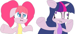 Size: 1475x666 | Tagged: safe, artist:ikuntyphoon, derpibooru import, pinkie pie, twilight sparkle, earth pony, pony, unicorn, bipedal, duo, female, mare