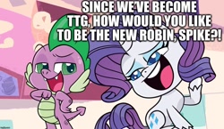 Size: 1218x705 | Tagged: safe, edit, edited screencap, editor:useraccount, screencap, rarity, spike, dragon, pony, unicorn, my little pony: pony life, abuse, imminent abuse, imminent spikeabuse, implied spikeabuse, robin, spikeabuse, teen titans go