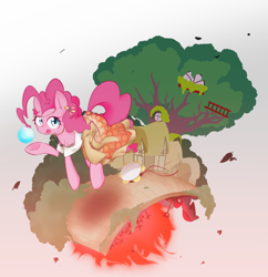 Size: 1984x2048 | Tagged: safe, artist:akainu_pony, pinkie pie, pony, fire, golden oaks library, gypsy bard, gypsy pie, musical instrument, solo, tambourine, tree