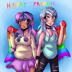 Size: 3150x3150 | Tagged: safe, artist:mylittleyuri, bon bon, lyra heartstrings, sweetie drops, human, downvote bait, female, gay pride flag, horned humanization, humanized, lesbian, lyrabon, pride, pride flag, pride month, shipping, tumblr