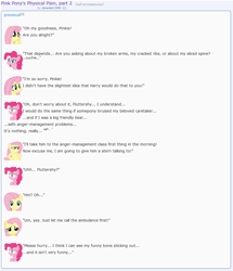 Size: 874x1016 | Tagged: safe, artist:dziadek1990, fluttershy, harry, pinkie pie, earth pony, pegasus, pony, conversation, dialogue, emote story, emotes, pain, reddit, slice of life, text