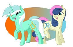 Size: 3325x2156 | Tagged: safe, artist:poowndraww, bon bon, lyra heartstrings, sweetie drops, earth pony, pony, unicorn, duo, female, looking at you, mare, one eye closed, simple background, tongue out, transparent background, wink