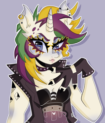 Size: 1700x2000 | Tagged: safe, artist:carrotjuiceee, rarity, anthro, unicorn, alternate hairstyle, breasts, cleavage, clothes, ear piercing, eyeshadow, jacket, looking at you, makeup, piercing, punk, raripunk, solo