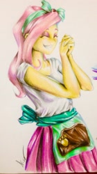 Size: 1556x2769 | Tagged: safe, artist:nolyanimeid, fluttershy, eqg summertime shorts, equestria girls, pet project, clothes, eyes closed, simple background, smiling, solo, traditional art