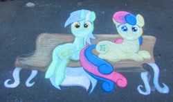 Size: 4170x2448 | Tagged: safe, artist:malte279, bon bon, lyra heartstrings, sweetie drops, bench, chalk drawing, female, lesbian, lyrabon, shipping, traditional art