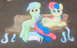 Size: 4468x2763 | Tagged: safe, alternate version, artist:malte279, bon bon, lyra heartstrings, sweetie drops, bench, chalk drawing, female, lesbian, lyrabon, safety goggles, shipping, traditional art