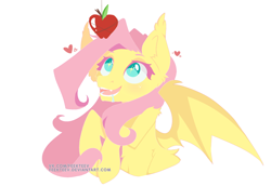 Size: 1024x704 | Tagged: safe, artist:feekteev, fluttershy, bat pony, pony, apple, bat wings, drool, fangs, female, flutterbat, food, heart, looking at something, looking up, mare, open mouth, race swap, simple background, smiling, solo, spread wings, white background, wings