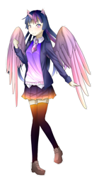 Size: 691x1231 | Tagged: safe, artist:tsuukiusa, derpibooru import, twilight sparkle, twilight sparkle (alicorn), alicorn, human, clothes, eared humanization, horned humanization, humanized, skirt, solo, winged humanization