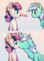 Size: 4000x5530 | Tagged: safe, artist:senaelik, bon bon, lyra heartstrings, sweetie drops, earth pony, pony, unicorn, adorabon, candy, candy cane, chest fluff, comic, cute, deepthroat, description is relevant, drawthread, eating, eyes closed, female, food, heart, heart eyes, kissing, lesbian, lyrabetes, lyrabon, ponified, request, requested art, shipping, stealing, surprise kiss, surprised, throat bulge, wingding eyes