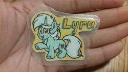 Size: 3264x1836 | Tagged: safe, artist:binkyt11, derpibooru exclusive, lyra heartstrings, pony, unicorn, female, looking at you, mare, solo, sticker, traditional art, waving