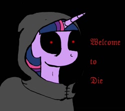 Size: 828x740 | Tagged: safe, artist:paskanaakka, derpibooru exclusive, derpibooru import, twilight sparkle, creepypasta, solo, spoopy, text, welcome to die, zalgo