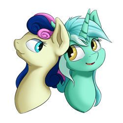 Size: 1300x1300 | Tagged: safe, artist:coldtrail, bon bon, lyra heartstrings, sweetie drops, earth pony, pony, unicorn, bust, female, lesbian, looking at each other, lyrabon, mare, open mouth, shipping, signature, simple background, smiling, transparent background