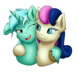 Size: 1700x1600 | Tagged: safe, artist:coldtrail, bon bon, lyra heartstrings, sweetie drops, earth pony, pony, unicorn, bust, female, hug, lesbian, lyrabon, mare, shipping, signature, simple background, transparent background, unshorn fetlocks, white outline