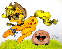 Size: 1024x824 | Tagged: safe, artist:moonlight-ki, applejack, earth pony, pig, pony, blue ribbon, braid, glasses, grass, looking at you, smiling, sunglasses, traditional art