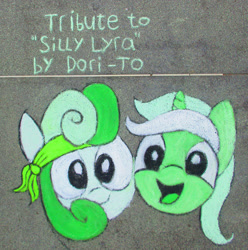 Size: 1242x1251 | Tagged: safe, artist:malte279, bon bon, lyra heartstrings, sweetie drops, earth pony, pony, unicorn, comic:silly lyra, chalk drawing, female, lesbian, lyrabon, shipping, silly, silly lyra, traditional art, tribute