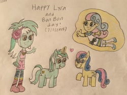 Size: 2048x1536 | Tagged: safe, artist:smurfettyblue, bon bon, lyra heartstrings, sweetie drops, pony, equestria girls, duo, human ponidox, levitation, lyra and bon bon day, magic, self ponidox, telekinesis, text, traditional art