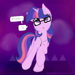 Size: 1024x1024 | Tagged: safe, artist:suenden-hund, derpibooru import, twilight sparkle, twilight sparkle (alicorn), alicorn, pony, cross of st peter, female, galaxy, glasses, hipster, inverted cross, mare, necklace, speech bubble, swag